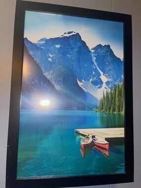Framed Mountain Lake Print with Red Canoes